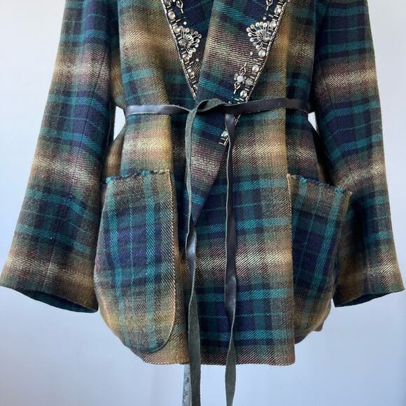 Isabel Marant Milroy Linen & Wool plaid embellished tie waist Coat FR44 US 12 - Picture 4 of 14